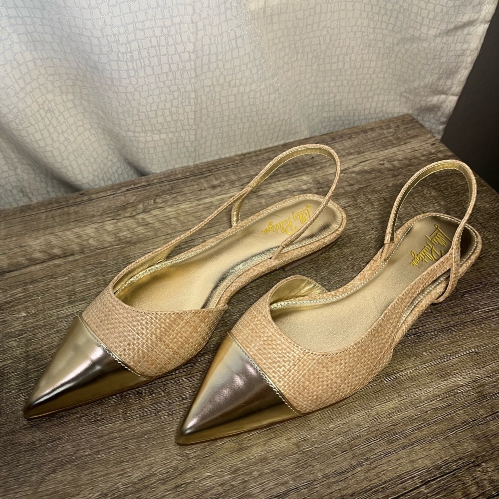 Lilly Pulitzer Gold Metallic and Natural Woven Slingback Heels